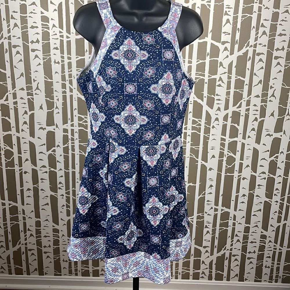 Rewind Textured High Neck Cut Out Fit & Flare Dress Blue Pink sz L